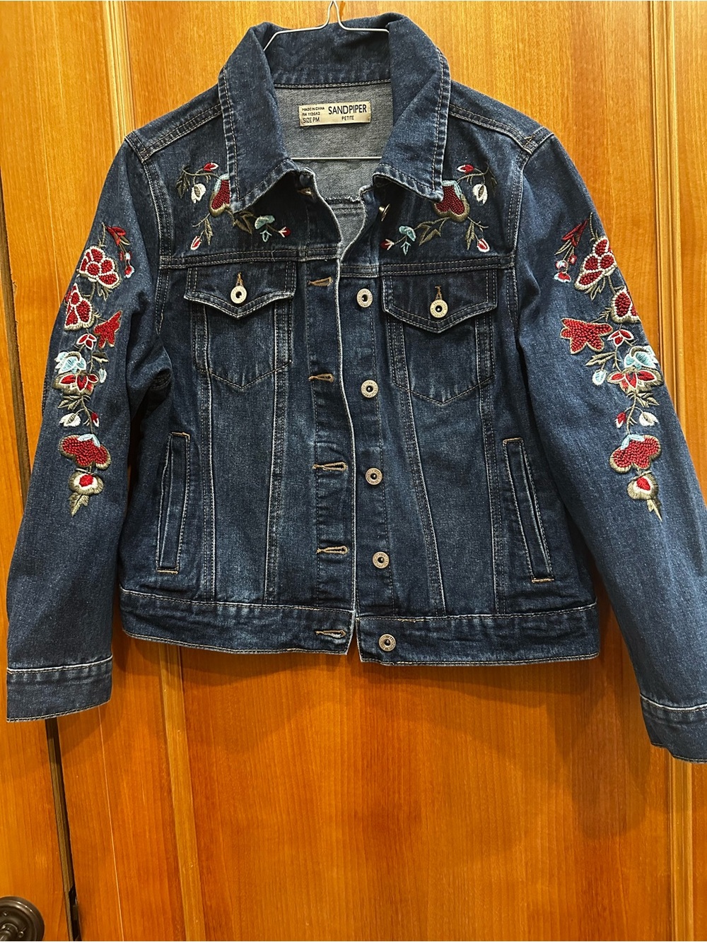Dark Blue Embroidered Denim Jacket - Floral Sleeve Detail
